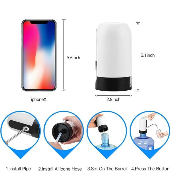 Dispensador de Agua Eléctrico para Garrafas 5-8L automático, bomba de botella de agua, carga USB, carga con un clic, Blanco/Negro, 1 unidad 3